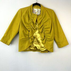 Anthropologie Tabitha Wool Blend Chartreuse Cropped Ruffle‎ Blazer Size S Chic